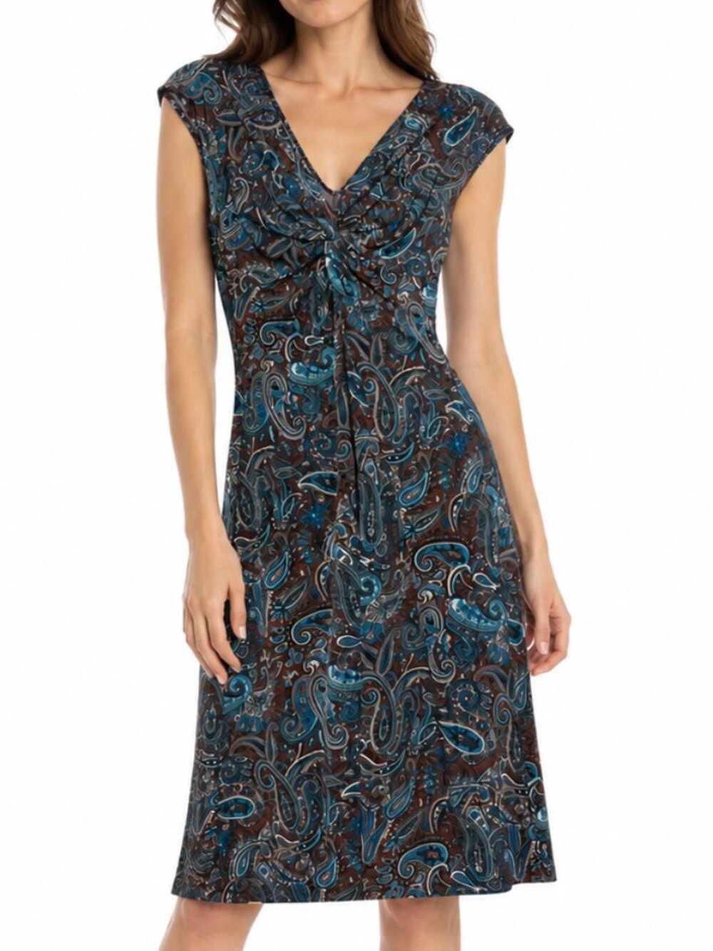 Blu Sage Women’s Size 6 Blue Brown Paisley Ruched Sleeveless Dress Lightweight